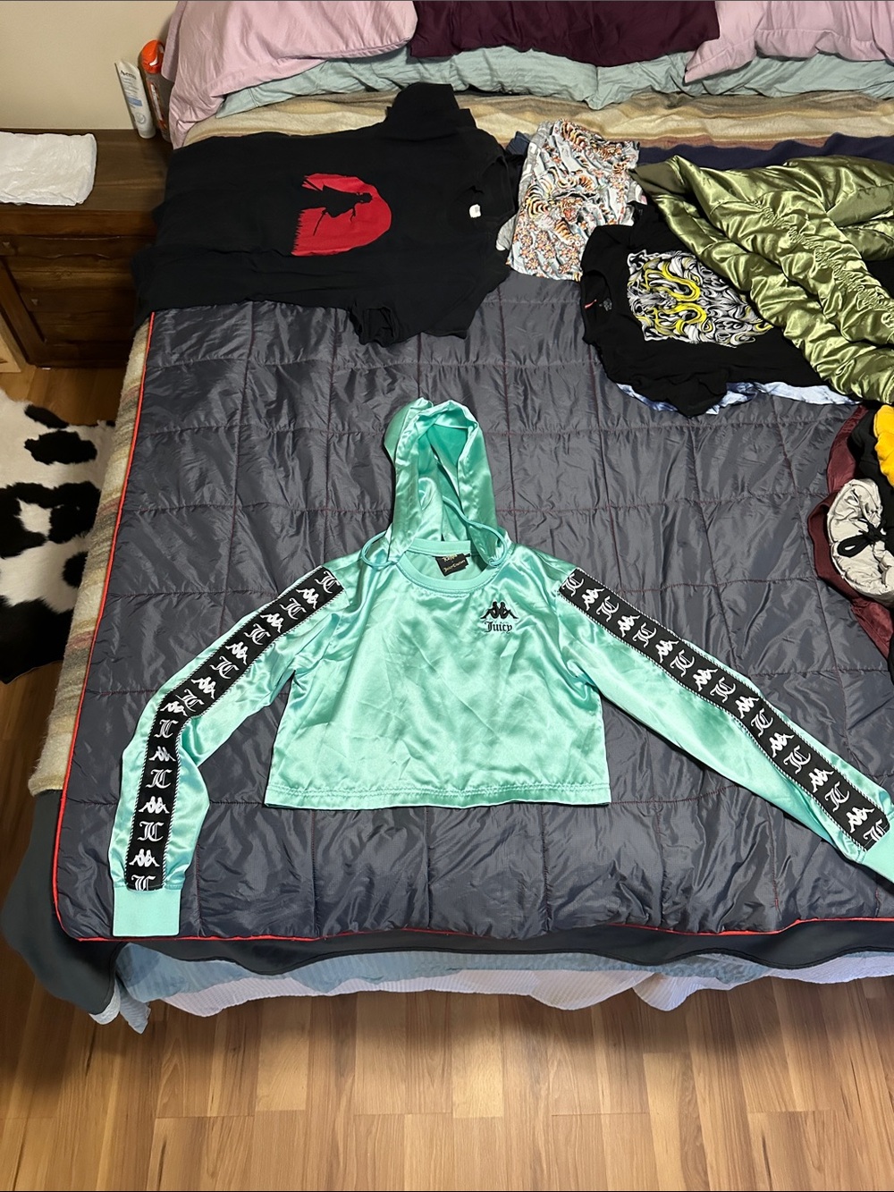 Kappa X Juicy Couture Mint Green Cropped Velvet Hoodie with Black Logo Taping